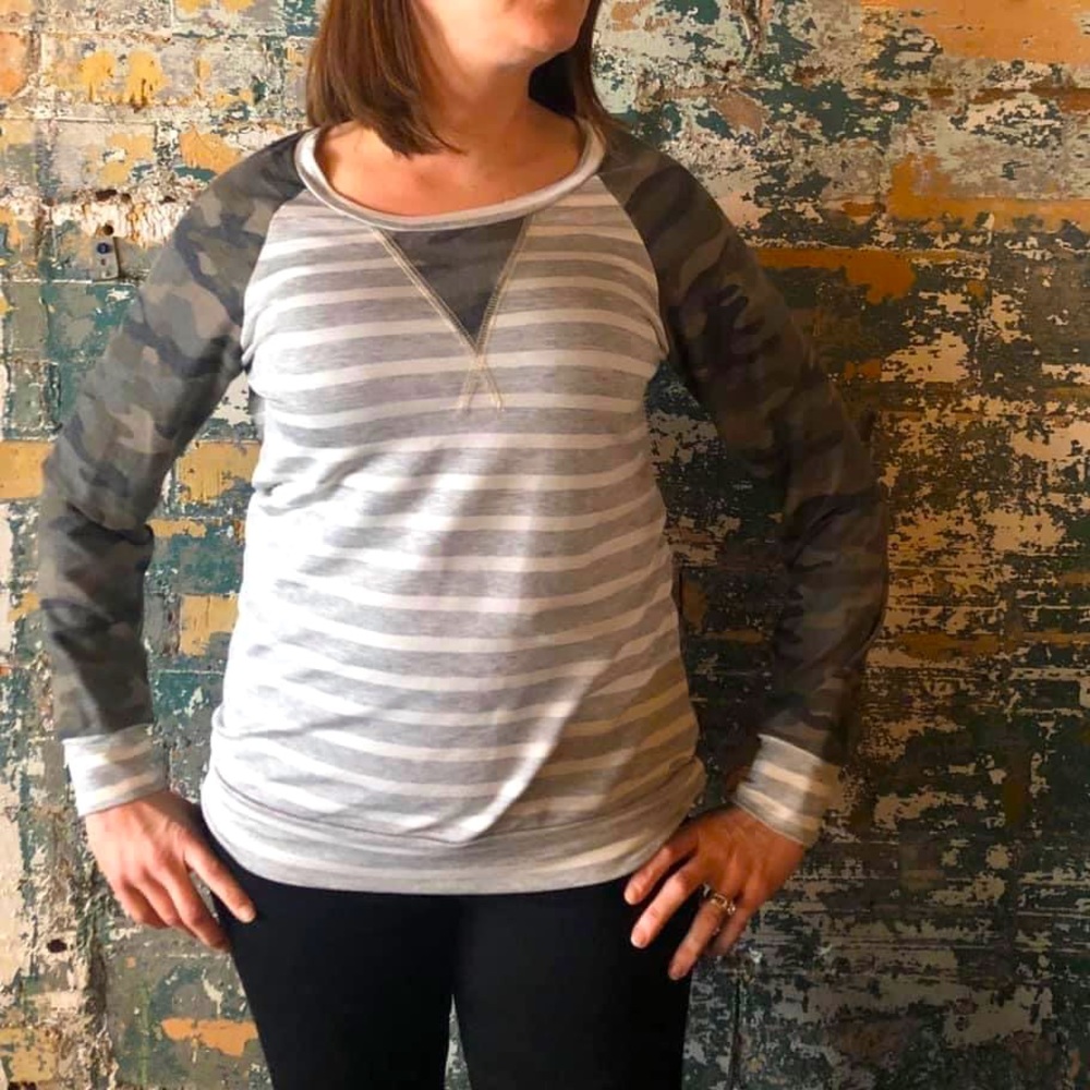 Camo gray and white stripe long sleeve tshirt